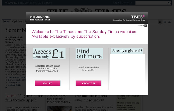 「タイムズ」のウェブサイト ウェブ課金導入画面