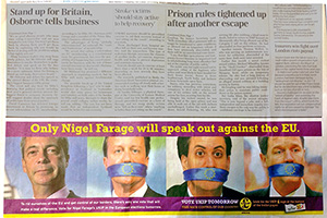 UKIPの新聞広告「ＥＵにもの申せるのはファラージだけ」（５月21日付デイリーテレグラフ紙）